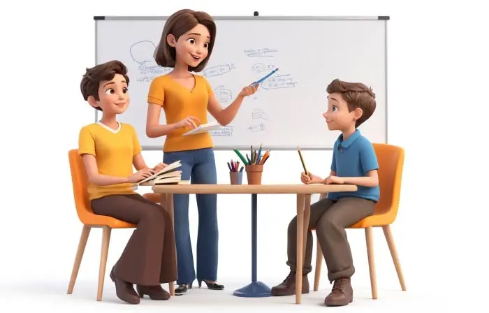 Career Counselor Talking About Academic Guidance with Students 3D Cartoon Illustration